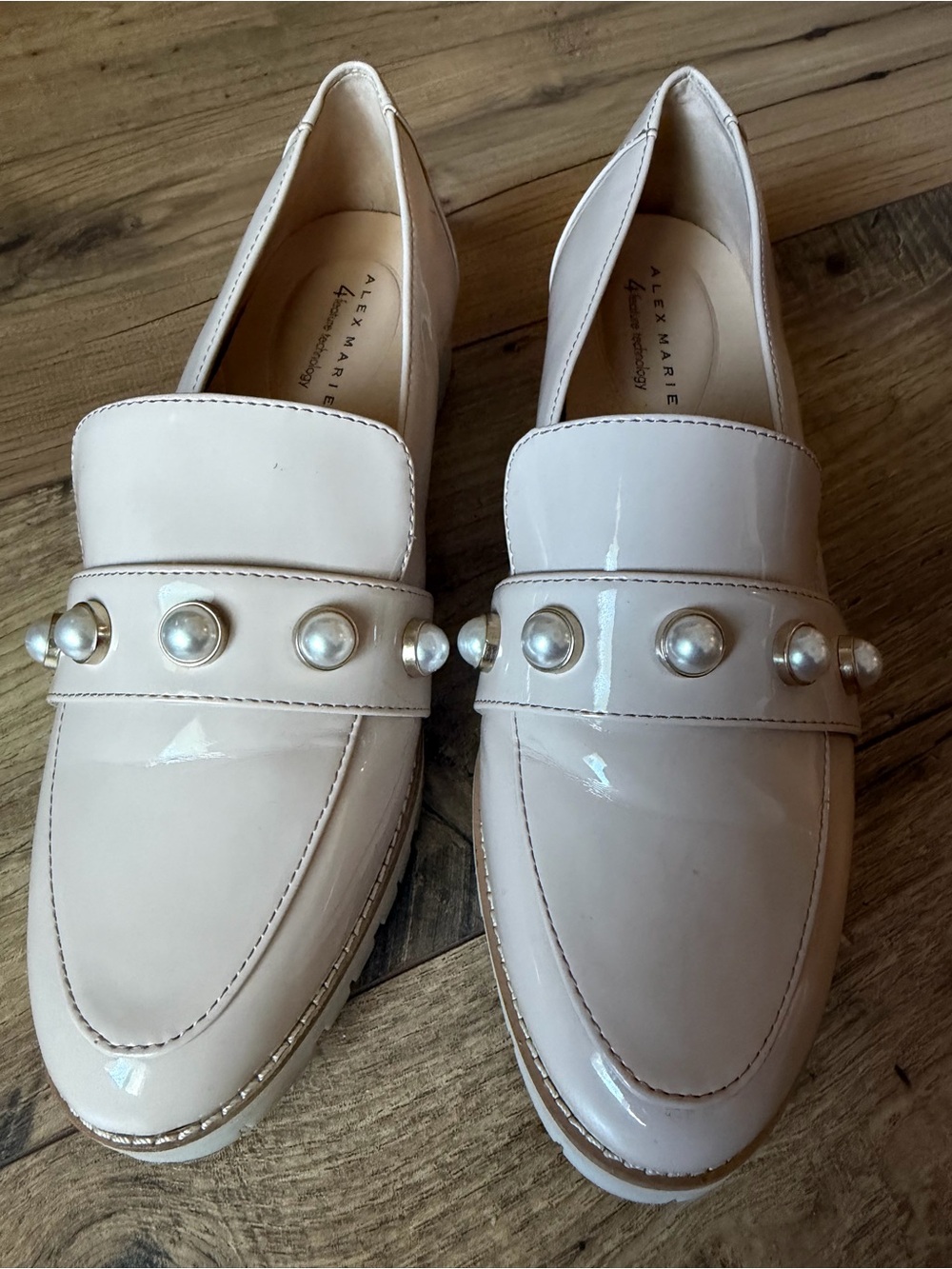 Alex Marie Nude Patent Pearl Loafers | Size 9.5 | pale blush pearl embellishment